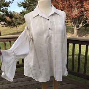 Waverly Grey Felicia Cold Shoulder Sz Top L Beige Windowpane Long Sleeve Blouse